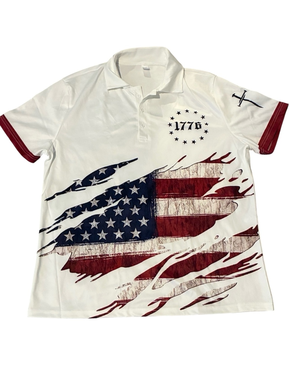 1776 Patriotic White Polo Shirt with American Flag Graphic Size XXL